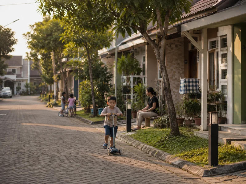 Anak kecil bermain di area terbuka lingkungan perumahan Bekasi yang aman dan kondusif untuk keluarga