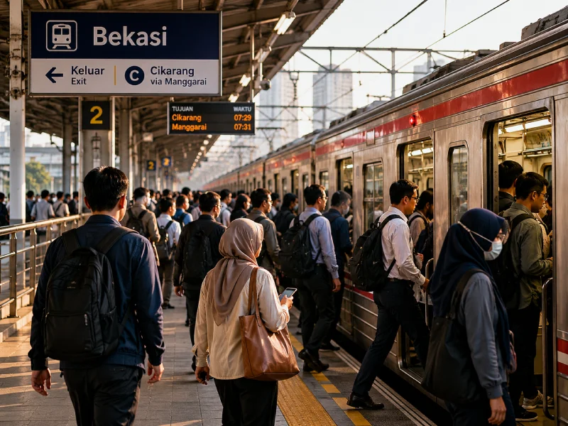 Suasana commuter KRL di stasiun Bekasi pada jam sibuk pagi hari
