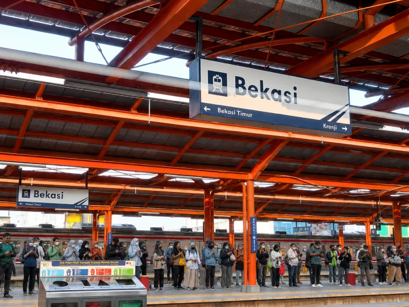 Suasana commuter KRL di stasiun Bekasi pada jam sibuk pagi hari