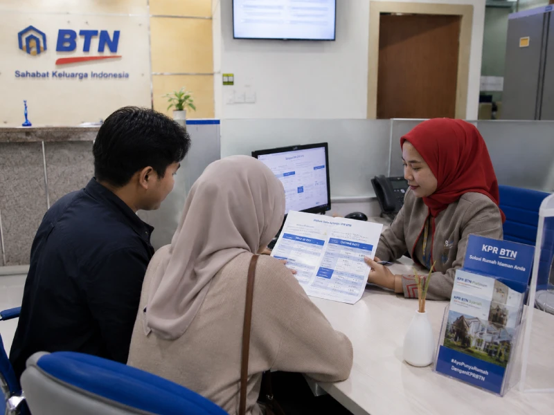 Pasangan muda keluarga karyawan sedang konsultasi pembelian rumah pertama di Bekasi