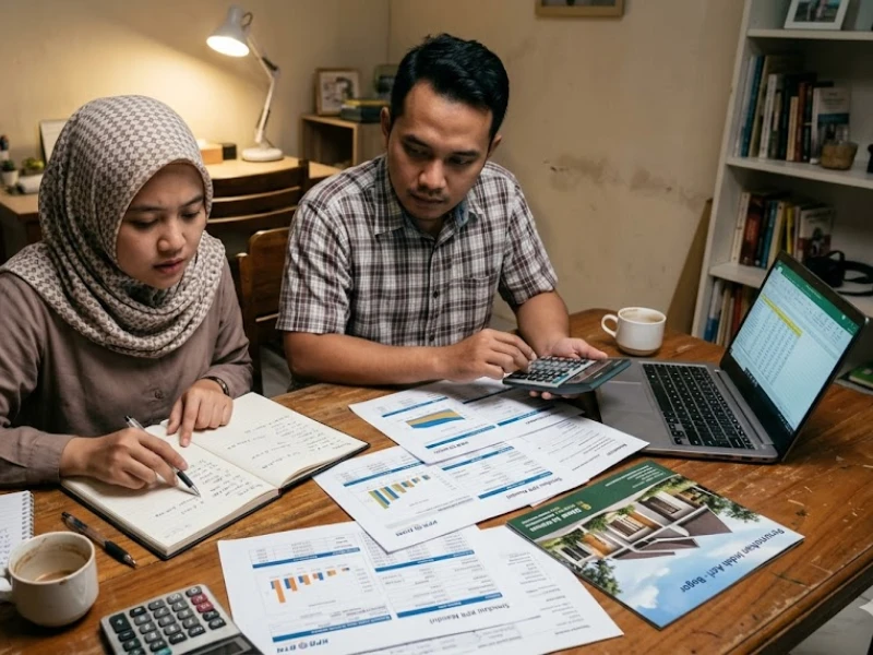 Pasangan keluarga karyawan sedang menganalisis simulasi KPR dan struktur pembiayaan rumah pertama di Bekasi
