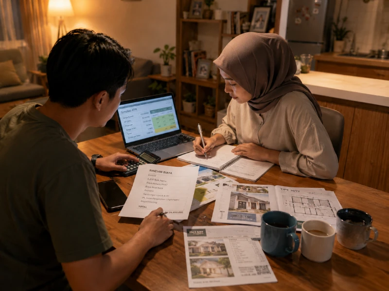Pasangan muda keluarga karyawan sedang menghitung kemampuan finansial untuk cicilan KPR rumah pertama