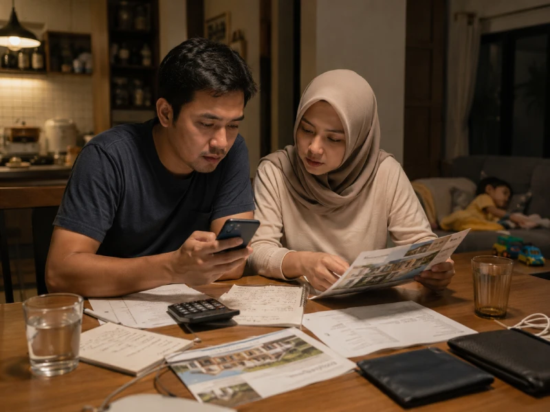 Pasangan keluarga karyawan sedang menghitung kemampuan beli rumah pertama di Bekasi dengan simulasi cicilan KPR
