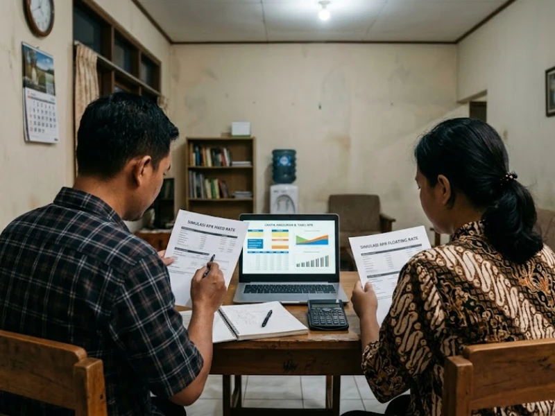 Ilustrasi keputusan memilih skema bunga fixed atau floating untuk KPR rumah pertama keluarga karyawan