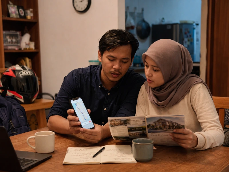 Pasangan muda keluarga karyawan sedang mempertimbangkan jarak dalam pembelian rumah pertama di Bekasi