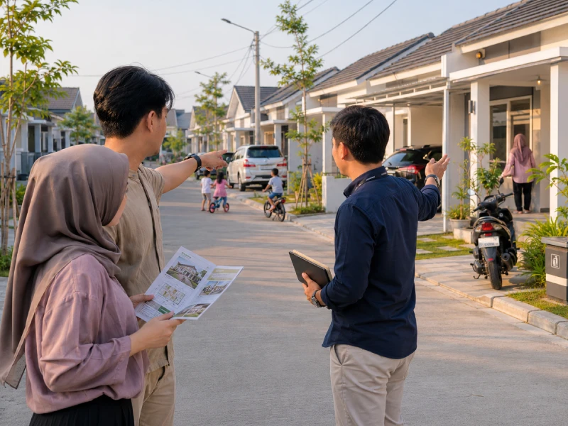 Keluarga muda karyawan Jakarta sedang survei perumahan di area Bekasi bersama agen properti