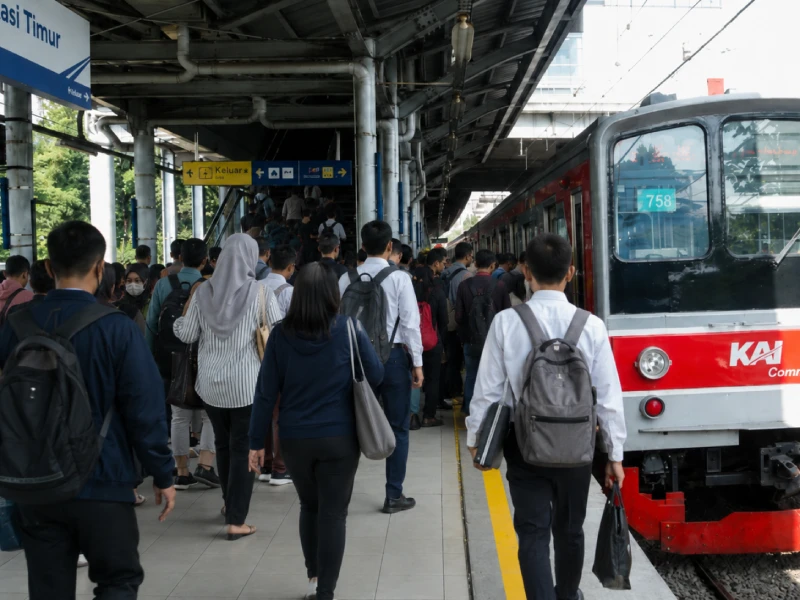 Suasana commuter KRL di stasiun Bekasi pada jam sibuk pagi hari