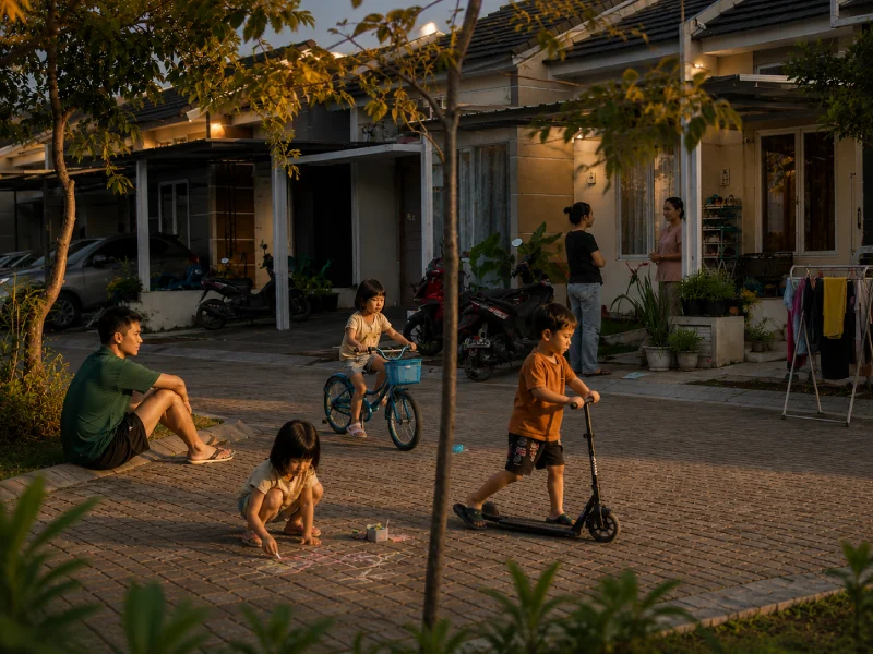 Orang tua merenungi biaya anak sambil melihat anak-anak bermain di lingkungan perumahan cluster Bekasi
