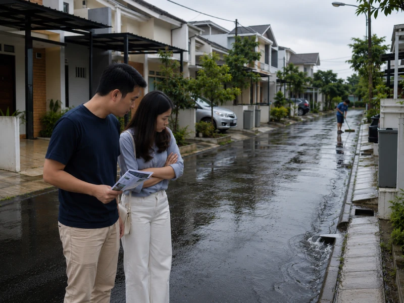 Keluarga muda karyawan Jakarta sedang survei langsung perumahan di area Bekasi bebas banjir