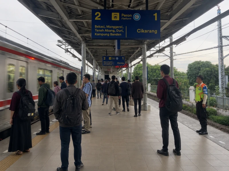 Suasana commuter KRL di stasiun Cibitung Bekasi pada jam sibuk pagi hari