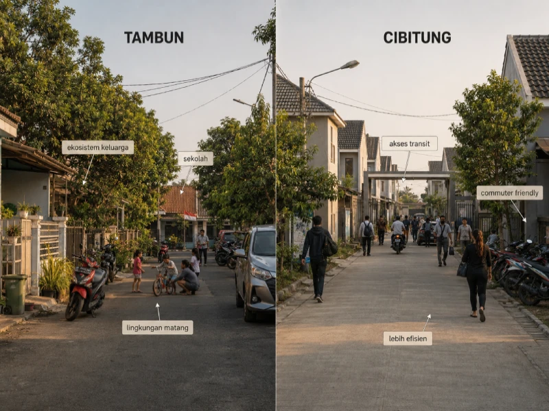 Suasana lingkungan perumahan cluster menengah di Tambun dan Cibitung Bekasi yang menjadi pilihan keluarga karyawan commuter Jakarta